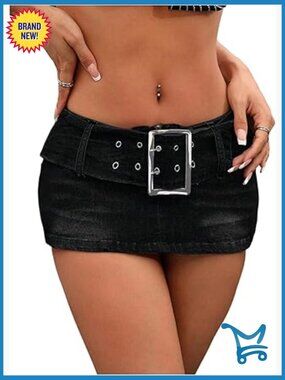 Y2K Belted Micro Jean Shorts Rave Club Bodycon Denim Skort